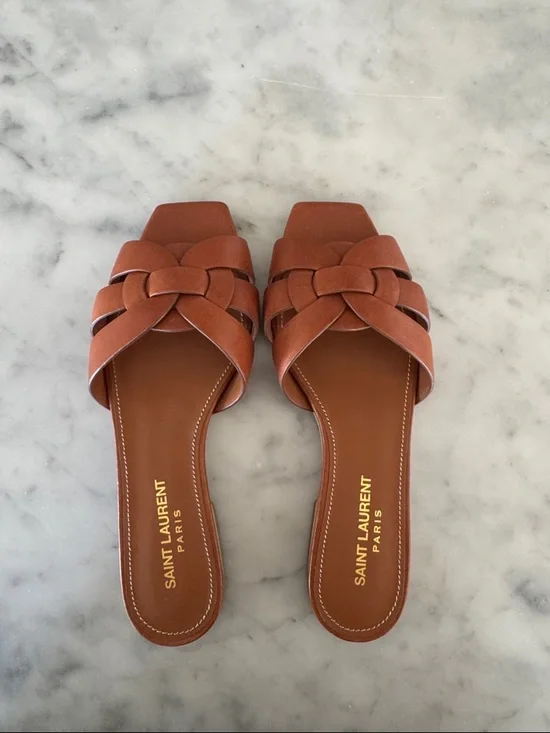 Saint Laurent Tan Braided Leather Slide Mules - Picture 1 of 2